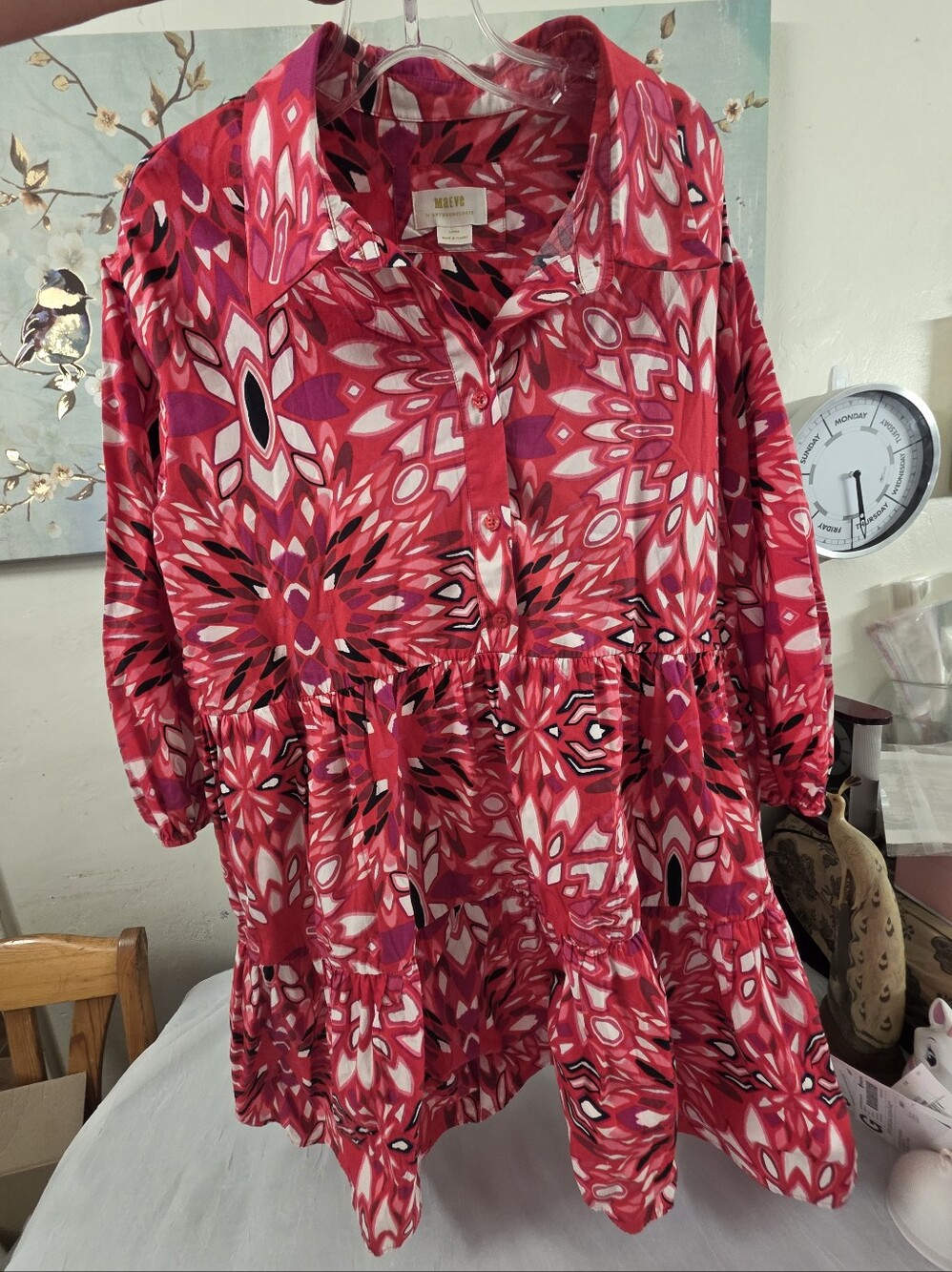 Maeve Anthropologie Bettina Tiered Shirt Dress Womens LARGE Red Pink Floral - Picture 4 of 11